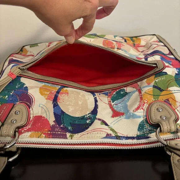 Coach Poppy Colorful Signature Canvas Hallie East/West Taupe Patent Leather Tote - Picture 11 of 14